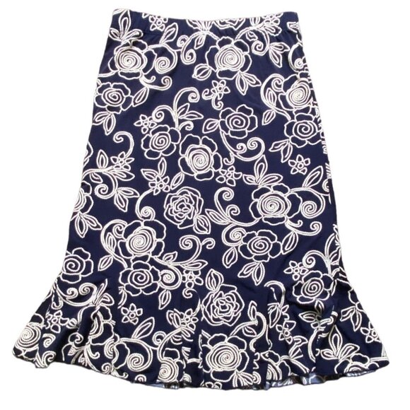 SJS Womens Ruffle Bottom Floral Midi Skirt-Navy Blue/White-Size Small-GUC - Picture 1 of 6